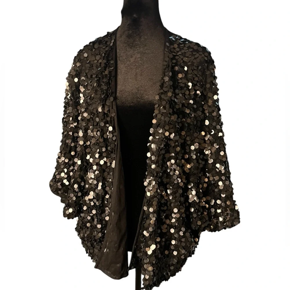 Black Sequin Cape Jacket Short Sleeve - Picture 2 of 16